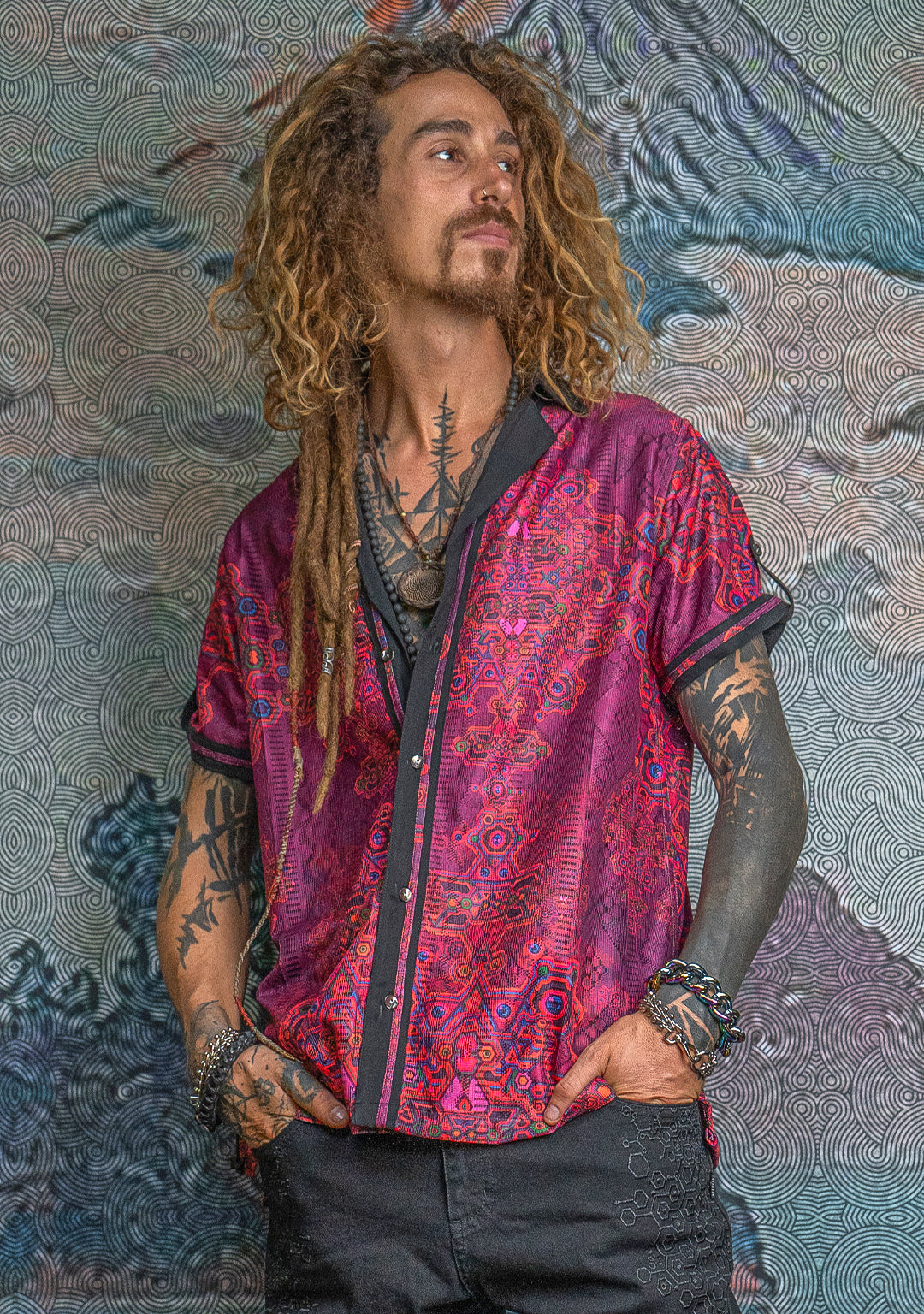 Shirt Men DOLCE Half Sleeves / Lace Black Border - Pink DEMETRIO
